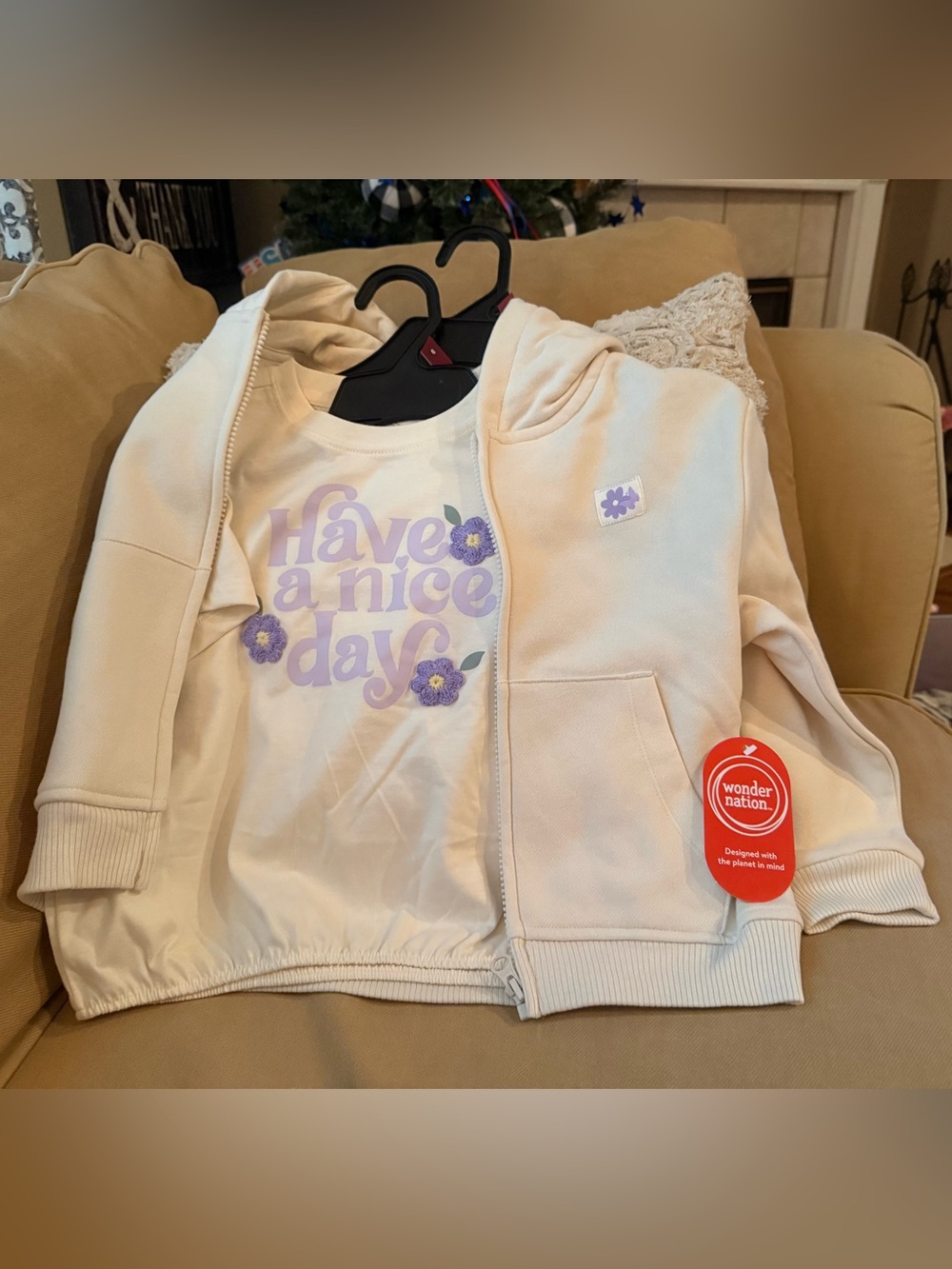 Wonder Nation Girls' Cream Hoodie & Tee Set - 'Have a Nice Day' Lavender Graphic
